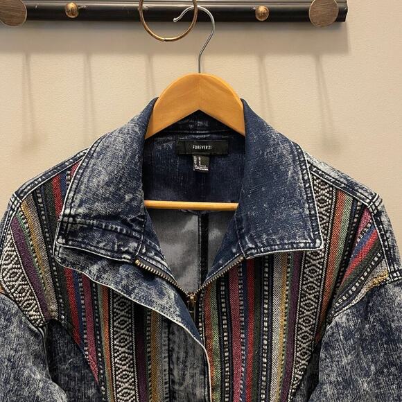 Rare Forever 21 Southwestern Aztec Denim Jacket | Vintage Wash, Oversized Medium - Picture 5 of 10